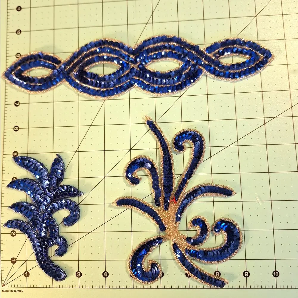 3 assorted blue sequin and bead appliques